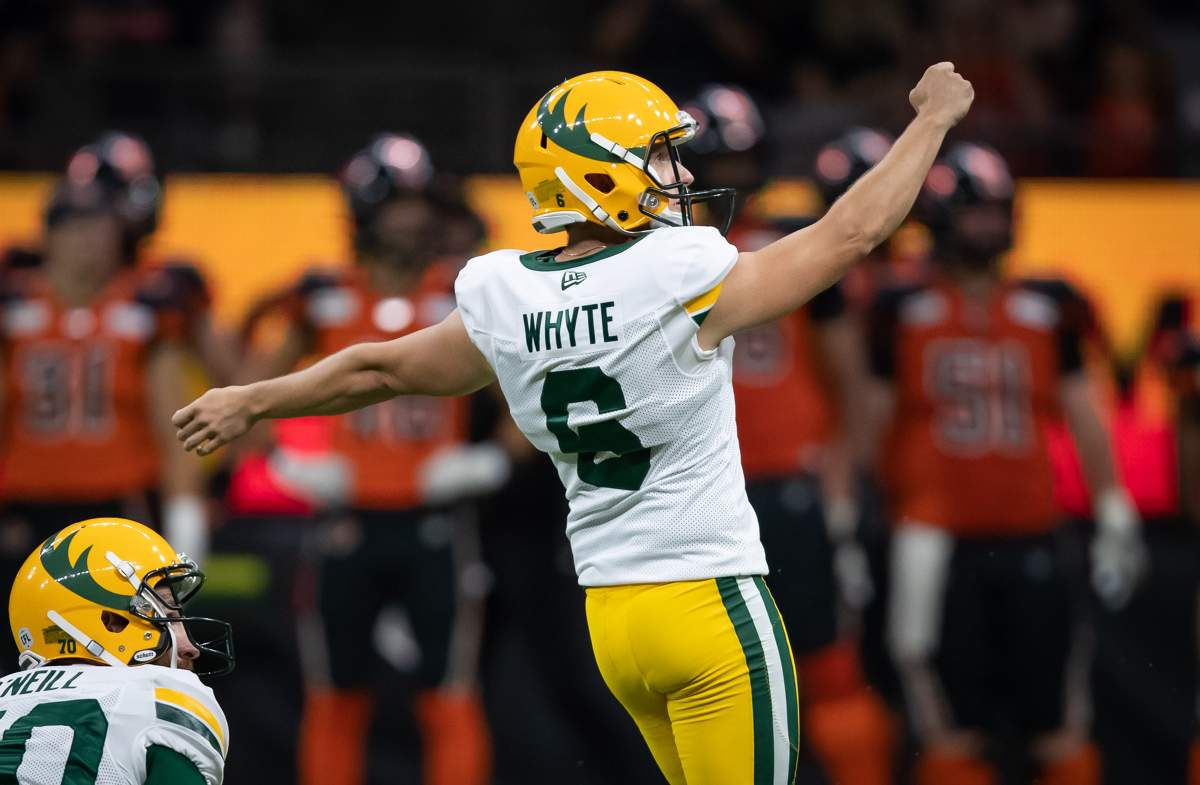 Edmonton Elks’ Sean Whyte watches his successful field goal kick sail through the uprights during the second half of a CFL football game against the B.C. Lions in Vancouver, on Thursday August 19, 2021.