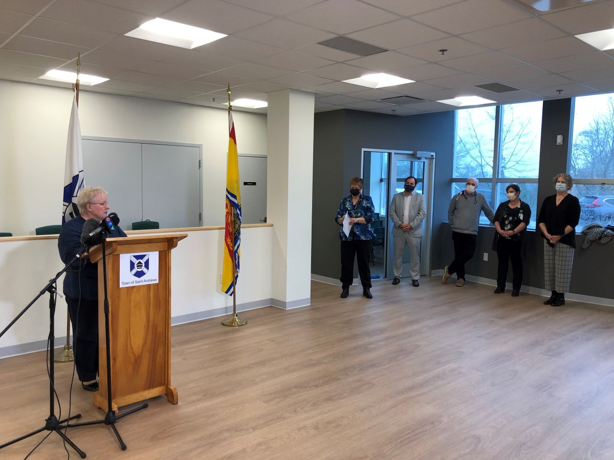 N.B. Health Minister Dorothy Shephard (left) speaks at the St. Andrews Wellness Centre, a facility developed through a partnership between the community and the Sir James Dunn Foundation.