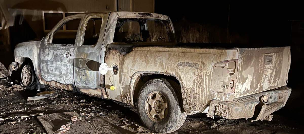 The charred result of a vehicle fire at Bunibonibee Cree Nation.