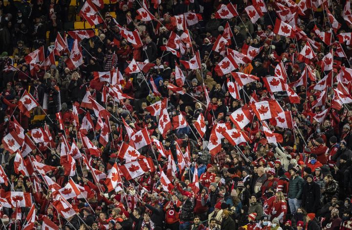 Fans, cheers for Team Canada as they take on Costa Rica during World Cup qualifier soccer action in Edmonton on Friday, November 12, 2021.