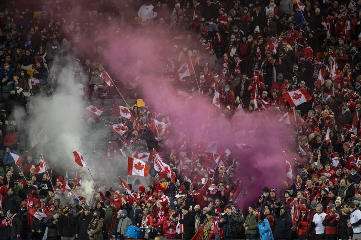 Team Canada’s fans cheer as they take on Costa Rica during first half World Cup qualifier soccer action in Edmonton on Friday, November 12, 2021.