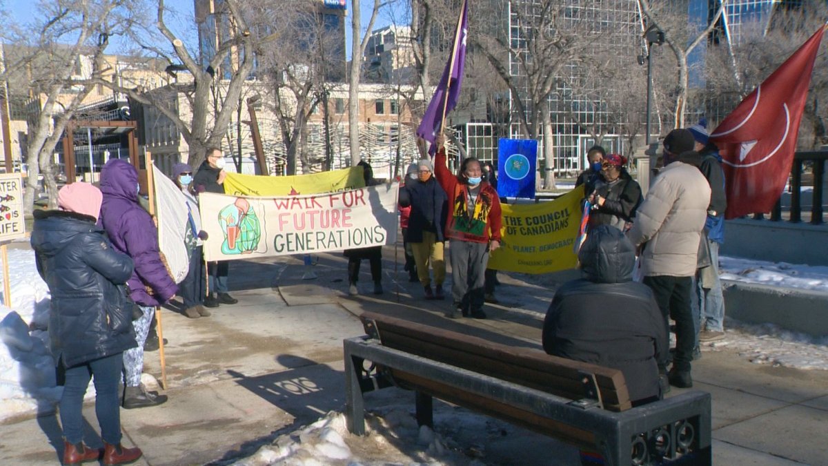 Treaty 4 residents gather for a rally on Saturday afternoon, in support of Wet'suwet'en First Nation, in their fight against the Coastal GasLink project. 