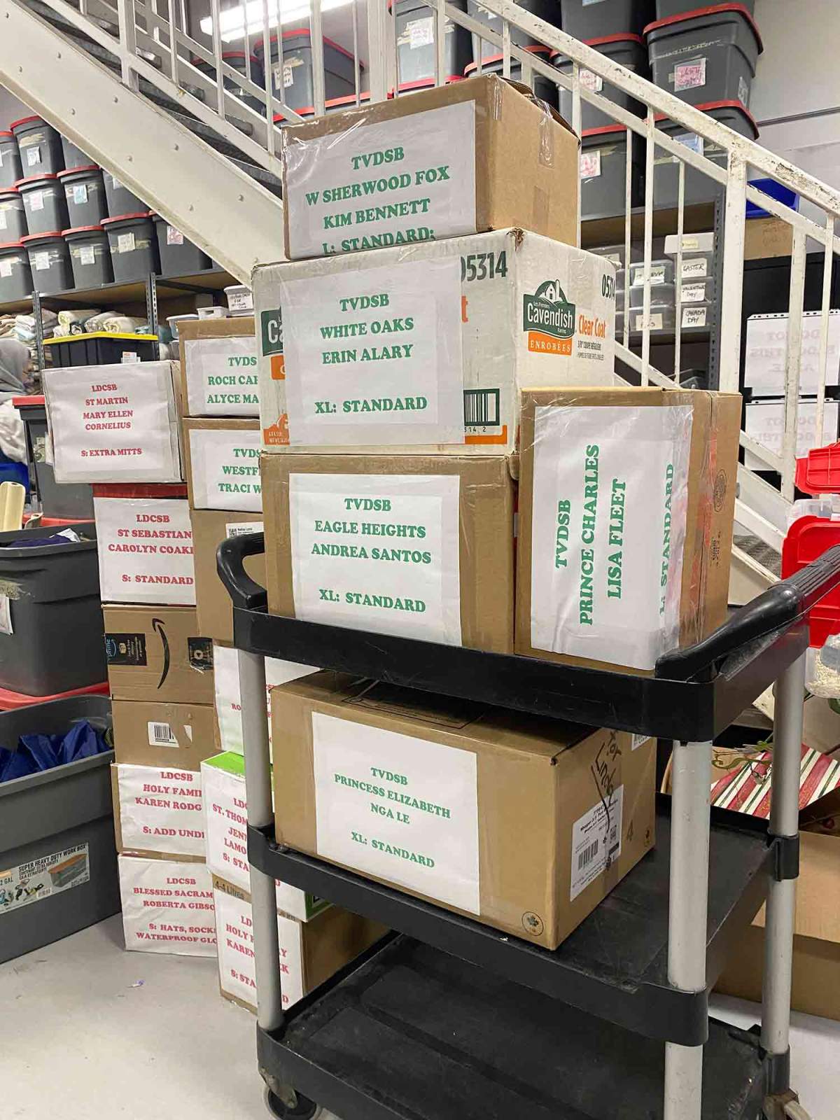 Donations of hats and gloves packaged up for Mission Services of London’s Warm Hands – Warm Hearts Outreach Program.