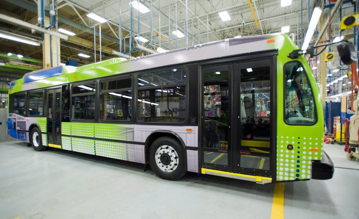 An electric bus is shown at the Nova Bus production plant in St. Eustache,  Que., Wednesday, March 7, 2012.