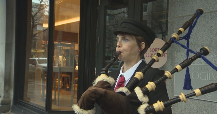 As Montreal store renews popular tradition, meet its first female bagpiper