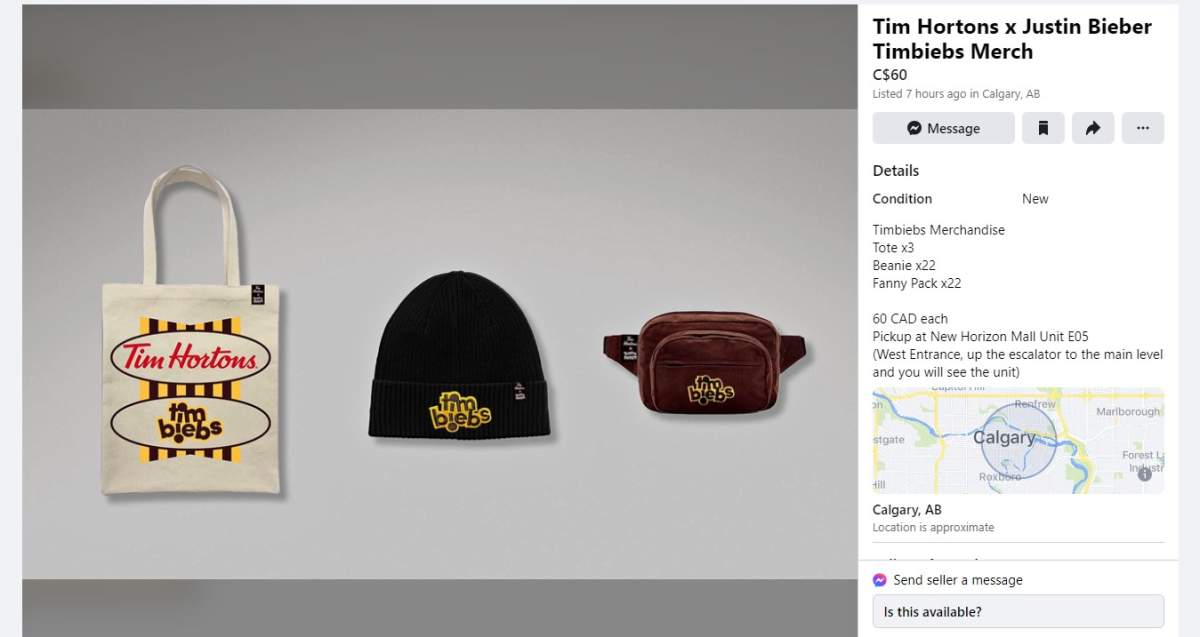 A Facebook Marketplace ad sells Justin Bieber branded Tim Horton's merchanside
