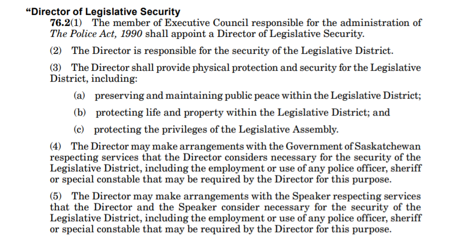 A screenshot of the bill reads that “the member of executive council responsible for the administration of The Police Act shall appoint a Director of Legislative Security”.