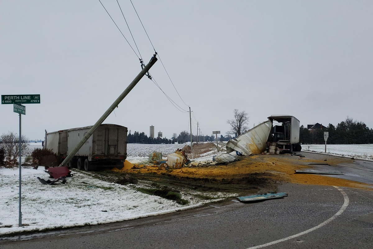 Transport trucks collide north of Stratford causing road closures