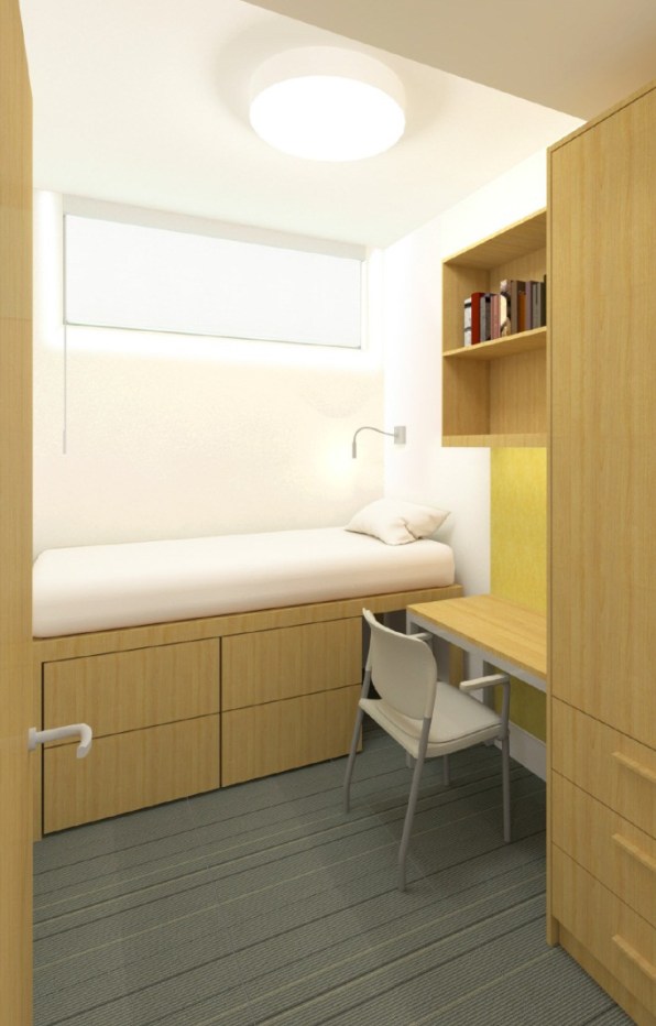 A rendering shows the inside one of the bedrooms.