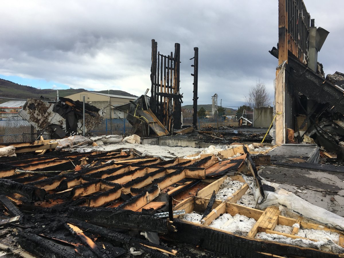 The remains of the North Valley Gymnastics building in Vernon, B.C. The city confirmed on Tuesday the blaze is suspicious. 