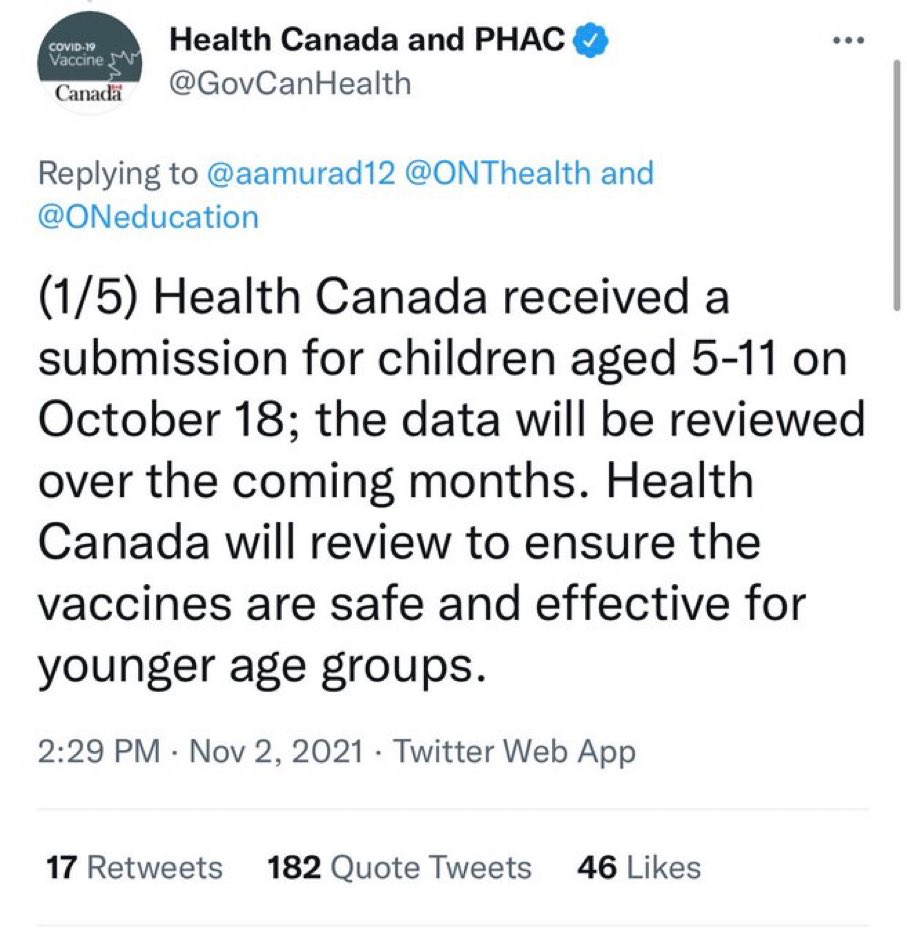 A now-deleted tweet from Health Canada that erroneously said COVID-19 vaccine approval for children aged 5-11 would take months.