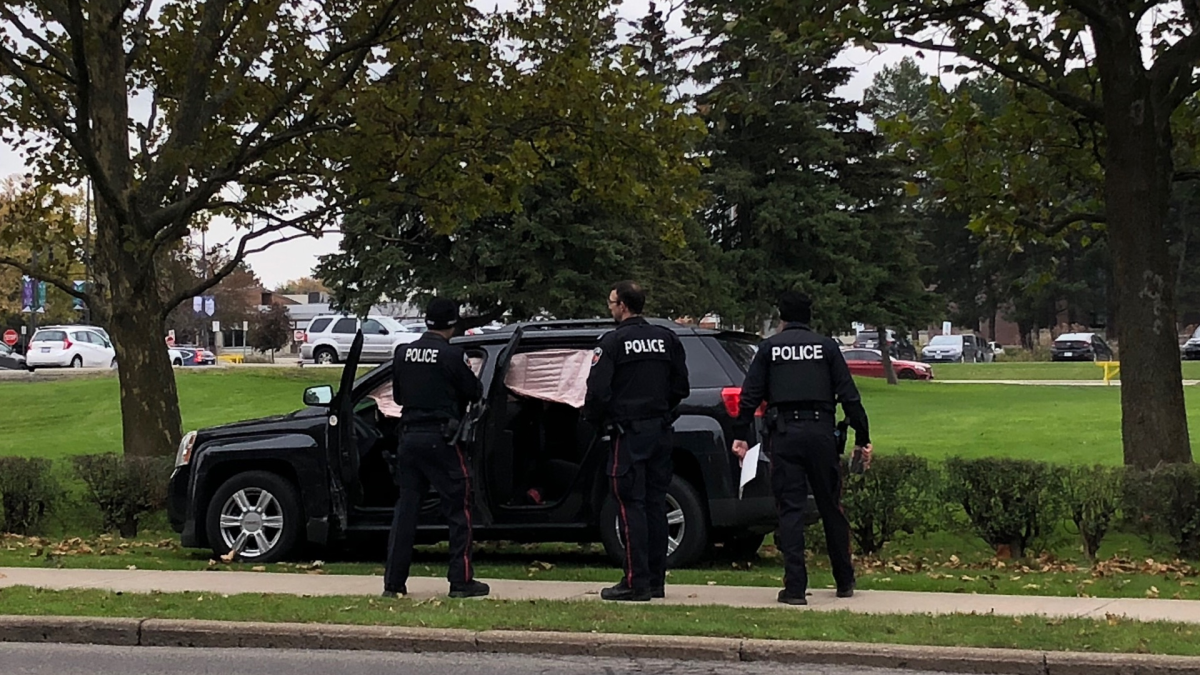 Hamilton police say a stolen vehicle and pellet gun were recovered in an incident near Hillfield Strathallan College on Fennell Avenue West at Garth Street on Nov. 4, 2021.