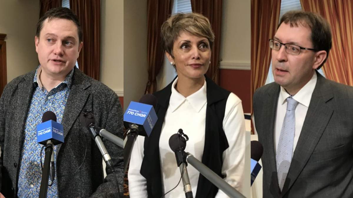 Attendees at the Calgary mayor's energy breakfast, (L to R) Avatar Innovations CEO Kevin Krausert, Mayor Jyoti Gondek and Tristan Goodman, president of the Explorers and Producers Association of Canada, pictured on Nov. 15, 2021.