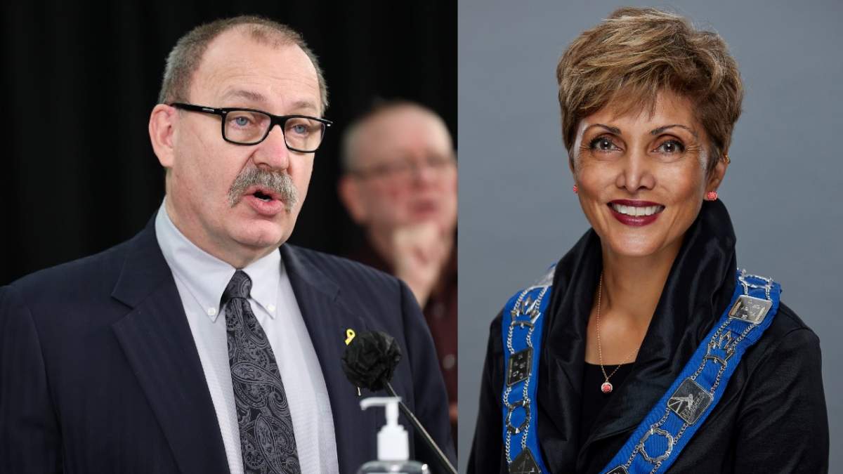 Alberta Municipal Affairs Minister Ric McIver (L) and Calgary Mayor Jyoti Gondek.