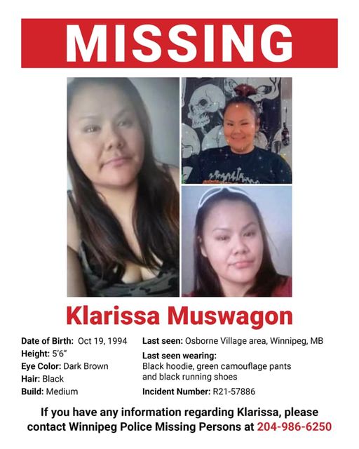 A poster distributed by Manitoba Keewatinowi Okimakanak (MKO) containing photos and information of missing 27-year-old, Klarissa Muswagon.