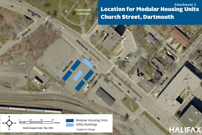 A site plan for the proposed modular units in Dartmouth.