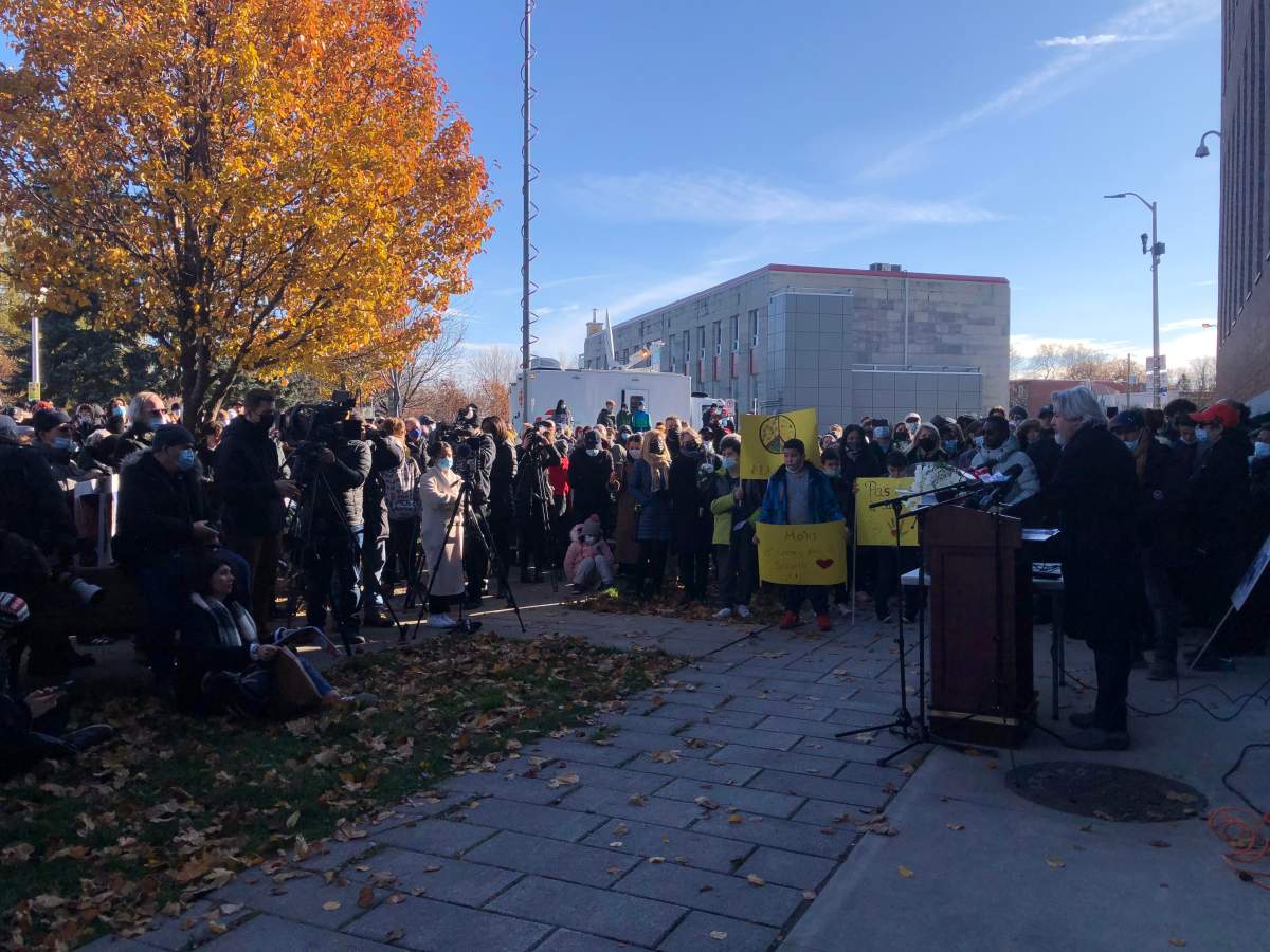 Federal Heritage Minister Pablo Rodriguez addresses the crowd at a memorial gathering for Thomas Trudel. Nov 20, 2021. 