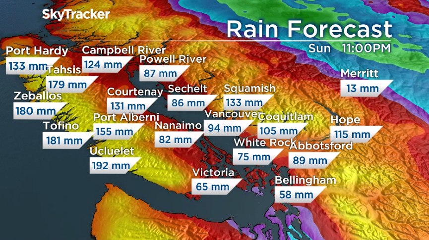 Total rainfall amounts that areas could see by Sunday, Nov. 28.