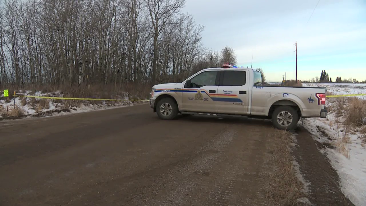 RCMP investigate the suspicious death of a man who was found lying in a ditch in the area of Range Road 271 between Highway 16A and Highway 628 in Spruce Grove Tuesday, Nov. 30, 2021.
