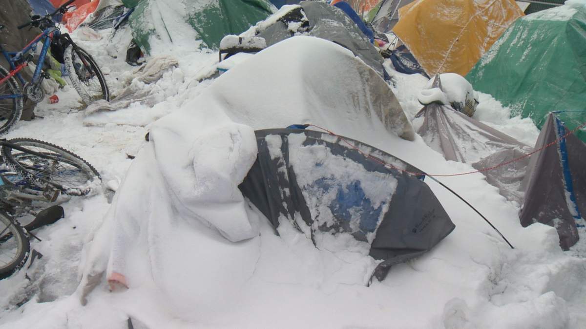 Many of the camp’s tents are are ripped and torn, or have collapsed due to the wind and snowfall.