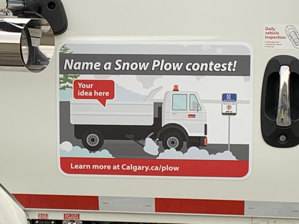A decal on a City of Calgary snowplow, pictured on Nov. 3, 2021, that will be replaced with its name, once the city's "name a snowplow" contest concludes on Nov. 30, 2021.