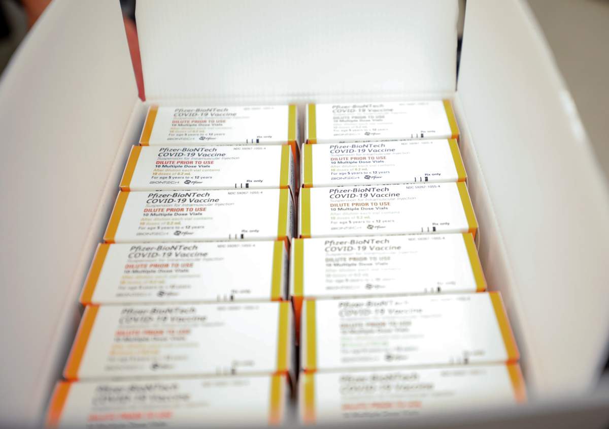 Pediatric Pfizer COVID-19 vaccines arrive in Calgary, Alberta on November 23, 2021. 