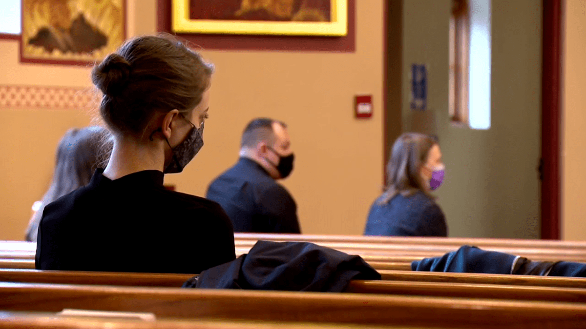 People sporting masks gathered in St. Vladimir’s Ukrainian Orthodox Sobor in Calgary on Saturday, Nov. 27, 2021, to commemorate the anniversary of the Holodomor.