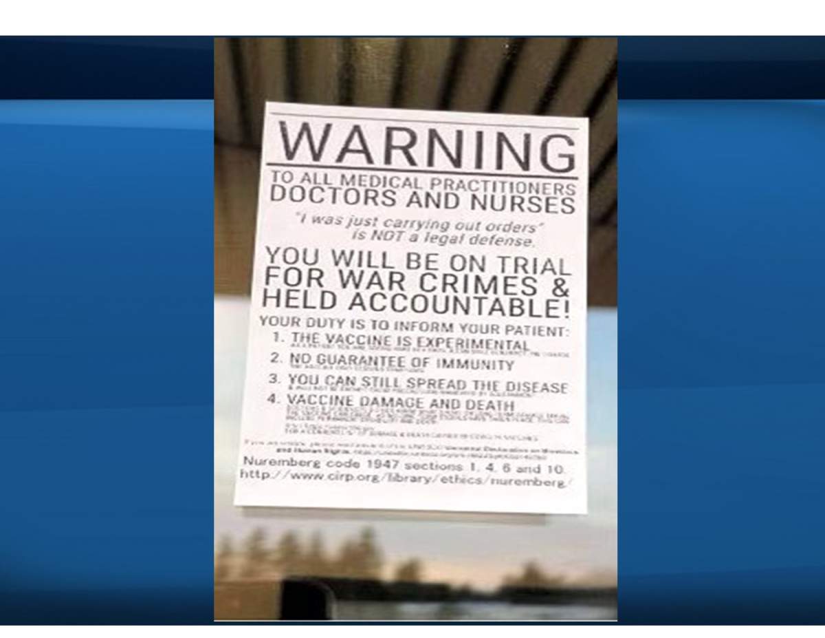 The president of a union representing nurses in Saskatchewan said staff are feeling angry and demoralized after an anti-vaccine poster was placed outside a hospital.