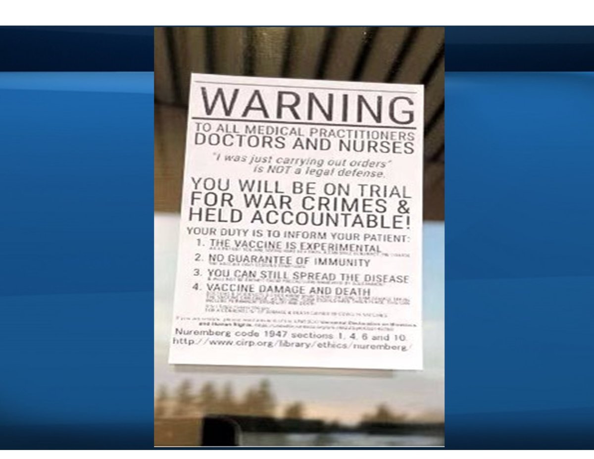 The president of a union representing nurses in Saskatchewan said staff are feeling angry and demoralized after an anti-vaccine poster was placed outside a hospital.