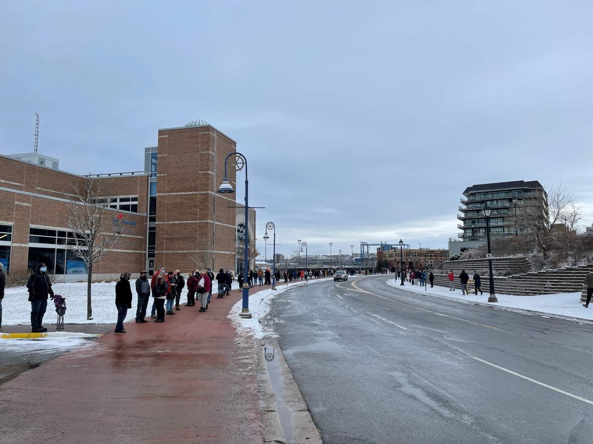 The lineup for rapid test kits in Saint John stretched down Water Street and looped back around and up Prince William Street.