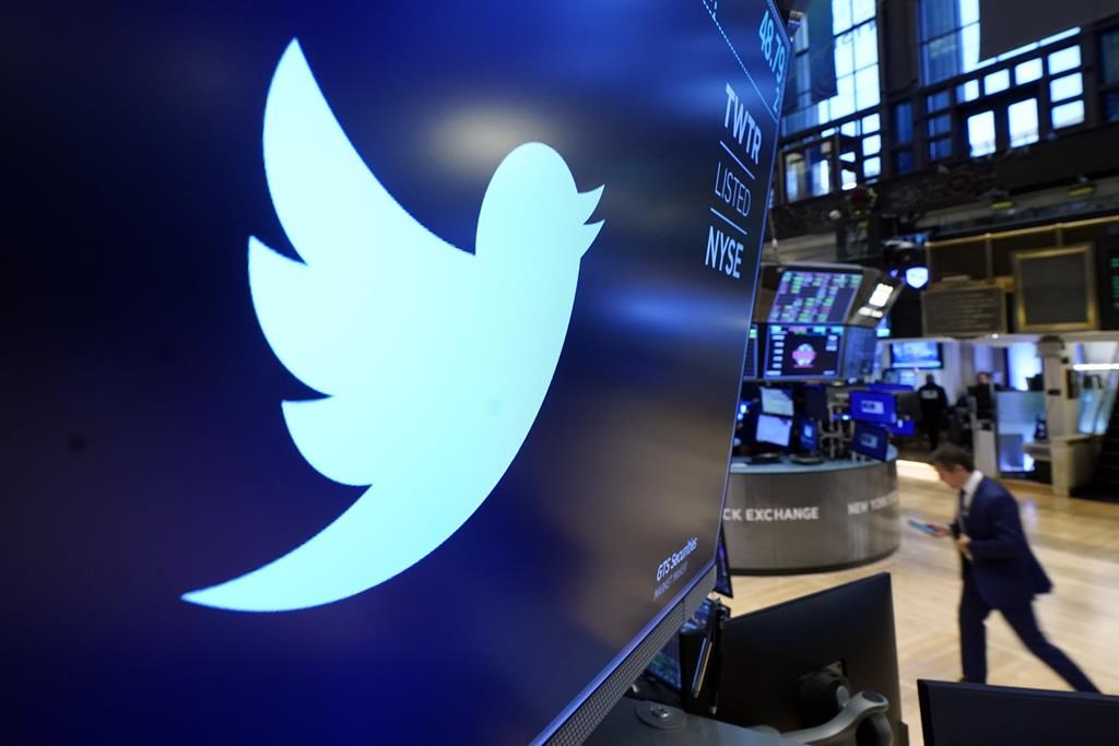 The logo for Twitter appears above a trading post on the floor of the New York Stock Exchange, Monday, Nov. 29, 2021. British Columbia's highest court has upheld an earlier ruling from the B.C. Supreme Court allowing a prominent businessman and philanthropist's defamation lawsuit against Twitter Inc. to proceed in the province. THE CANADIAN PRESS/AP-Richard Drew.