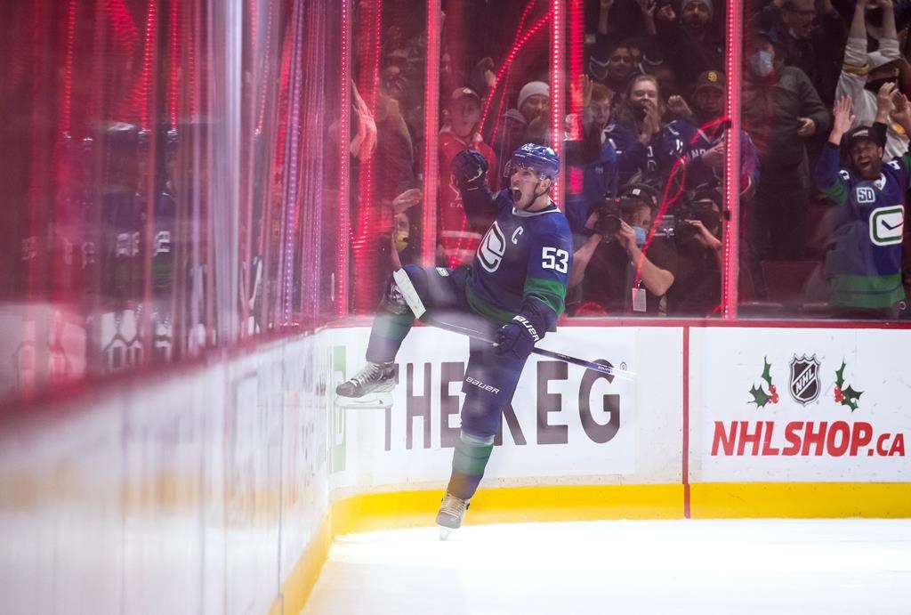 Vancouver Canucks' Bo Horvat celebrates after scoring the winning goal against the Columbus Blue Jackets during the third period of an NHL hockey game in Vancouver, on Tuesday, December 14, 2021. THE CANADIAN PRESS/Darryl Dyck.