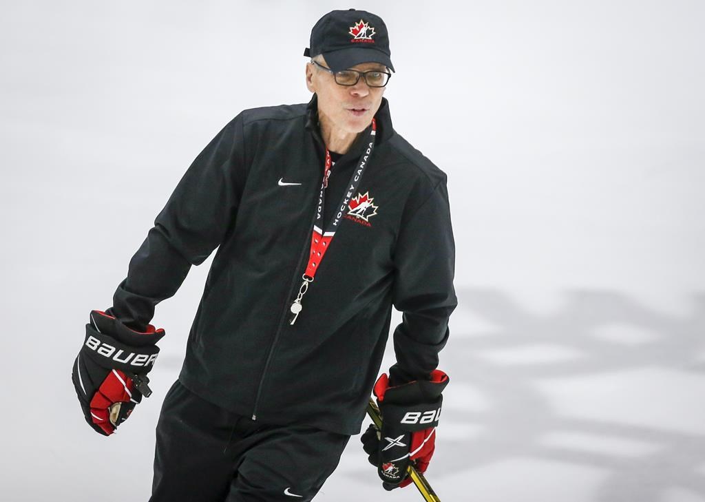 Head coach Dave Cameron looks on during a practice at the Canadian World Junior Hockey Championships selection camp in Calgary on December 9, 2021.