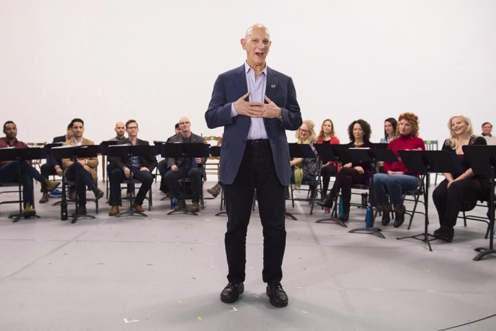David Mirvish speaks before the cast perform a song of Mirvish's "Come From Away" as they hold a meet-and-greet as they prepare to open the musical in early 2018, in Toronto on Thursday, November 30, 2017. "Come From Away" is going dark until after the Christmas holiday following a positive COVID-19 test among the backstage crew.