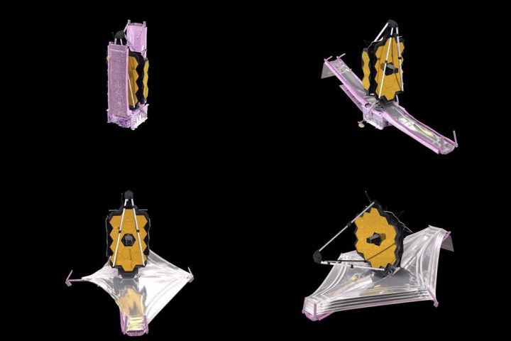 This combination of images from an animation made available by NASA in December 2021 shows the unfolding of the components of the James Webb Space Telescope. Webb is so big that it had to be folded origami-style to fit into the nose cone of the Ariane rocket.