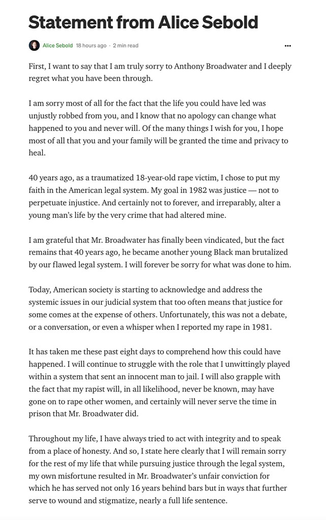Alice Sebold's apology to Anthony Broadwater, as it appears on Medium.