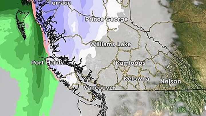 A graphic showing projected weather systems for British Columbia on New Year’s Eve.