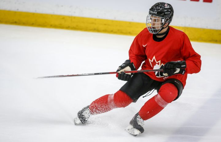 Connor Bedard skates during a practice at the Canadian World Junior Hockey Championships selection camp in Calgary, Thursday, Dec. 9, 2021.