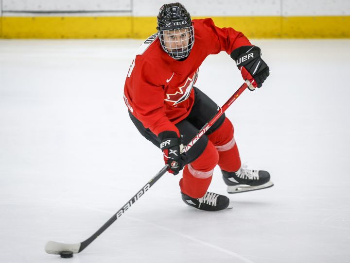 Connor Bedard skates during a practice at the Canadian World Junior Hockey Championships selection camp in Calgary, Thursday, Dec. 9, 2021.