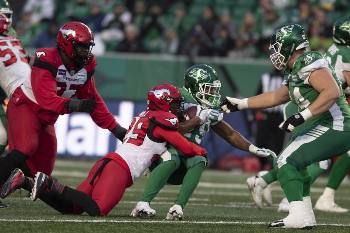 Saskatchewan Roughriders running back William Powell (29) gets tackled by Calgary Stampeders' Jamar Wall (29) during the first half of CFL football action in Regina, Sunday, Nov. 28, 2021. 