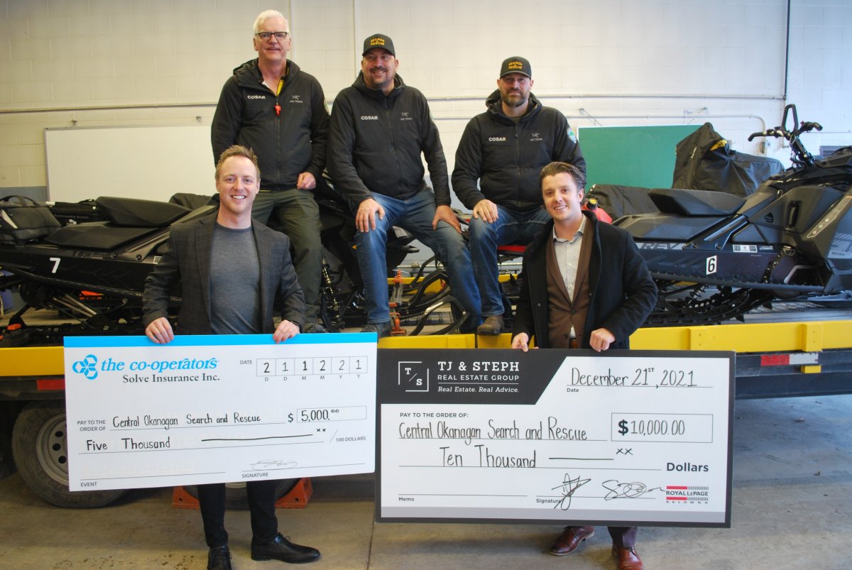 Andrew MacLeod, left, and T.J. Dumonceaux with their donations to Central Okanagan Search and Rescue. The two needed rescuing during a snowmobile trip near Revelstoke in 2018. 