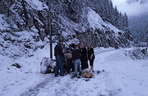 1978 – CP Rail passengers pose for a photo after removing a large rock from the tracks