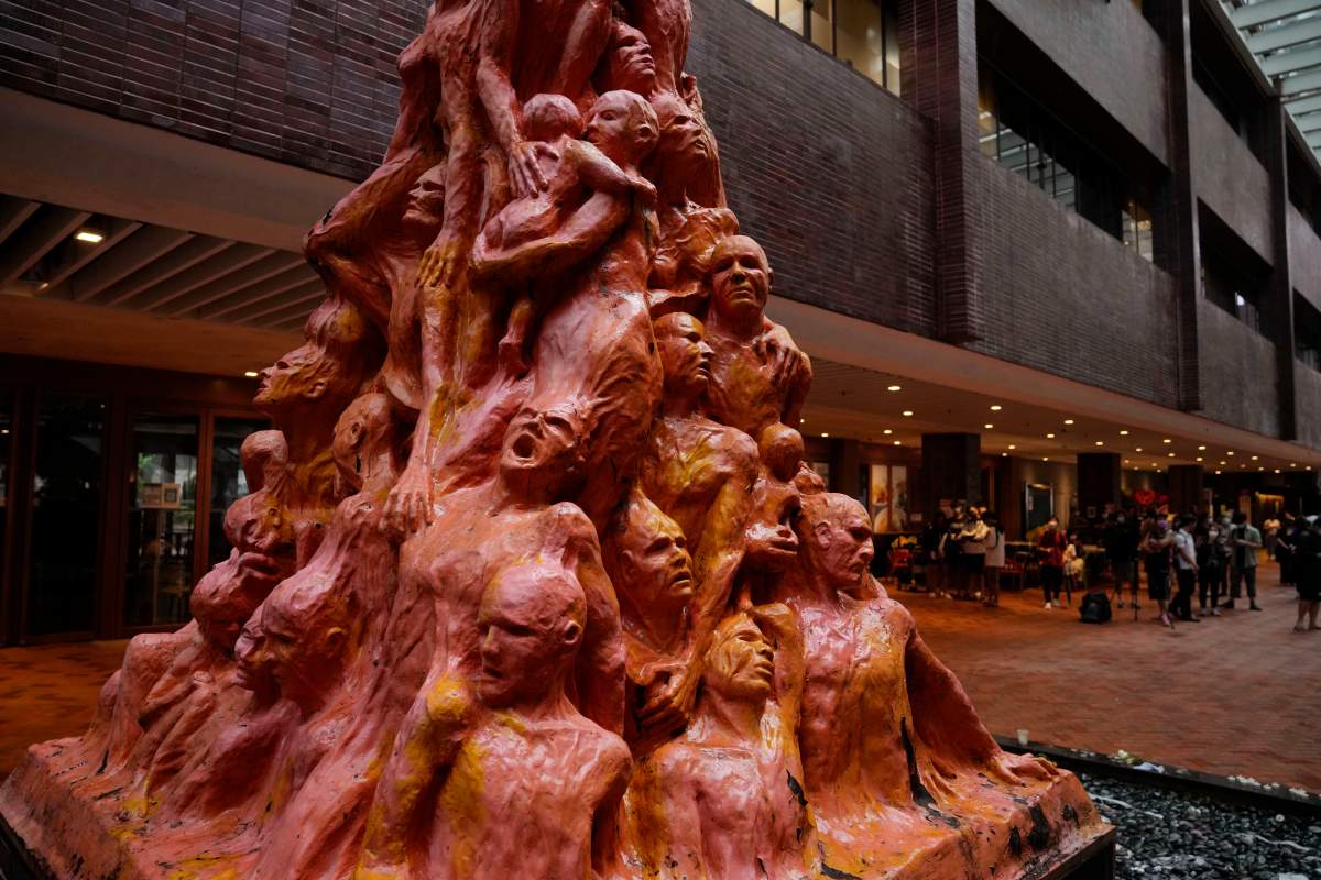 The “Pillar of Shame” statue, a memorial for those killed in the 1989 Tiananmen crackdown, is displayed at the University of Hong Kong, Wednesday, Oct. 13, 2021. Danish artist Jens Galschioet is seeking to get back his sculpture in Hong Kong memorializing the victims of China’s 1989 Tiananmen Square crackdown as a deadline loomed for its removal Wednesday. (AP Photo/Kin Cheung)
