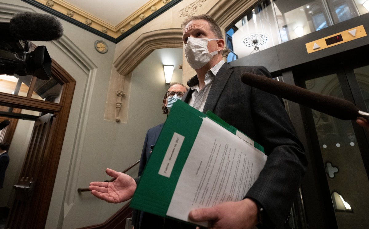 Leader of the Government in the House of Commons Mark Holland stops to speak with media before attending a cabinet meeting on Parliament Hill on Tuesday, November 16, 2021 in Ottawa.