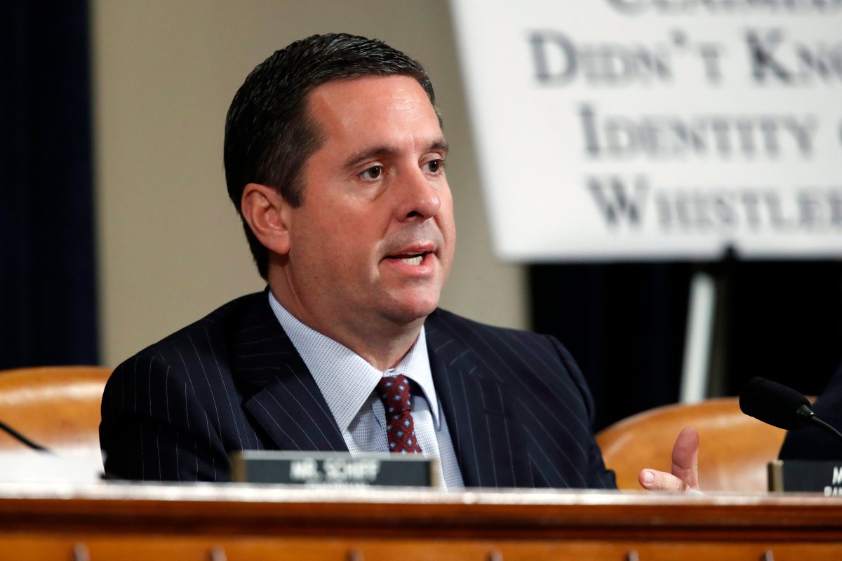 Ranking member Rep. Devin Nunes of Calif., speaks as U.S. Ambassador to the European Union Gordon Sondland testifies before the House Intelligence Committee on Capitol Hill in Washington, Wednesday, Nov. 20, 2019, during a public impeachment hearing of President Donald Trump's efforts to tie U.S. aid for Ukraine to investigations of his political opponents. (AP Photo/Alex Brandon).