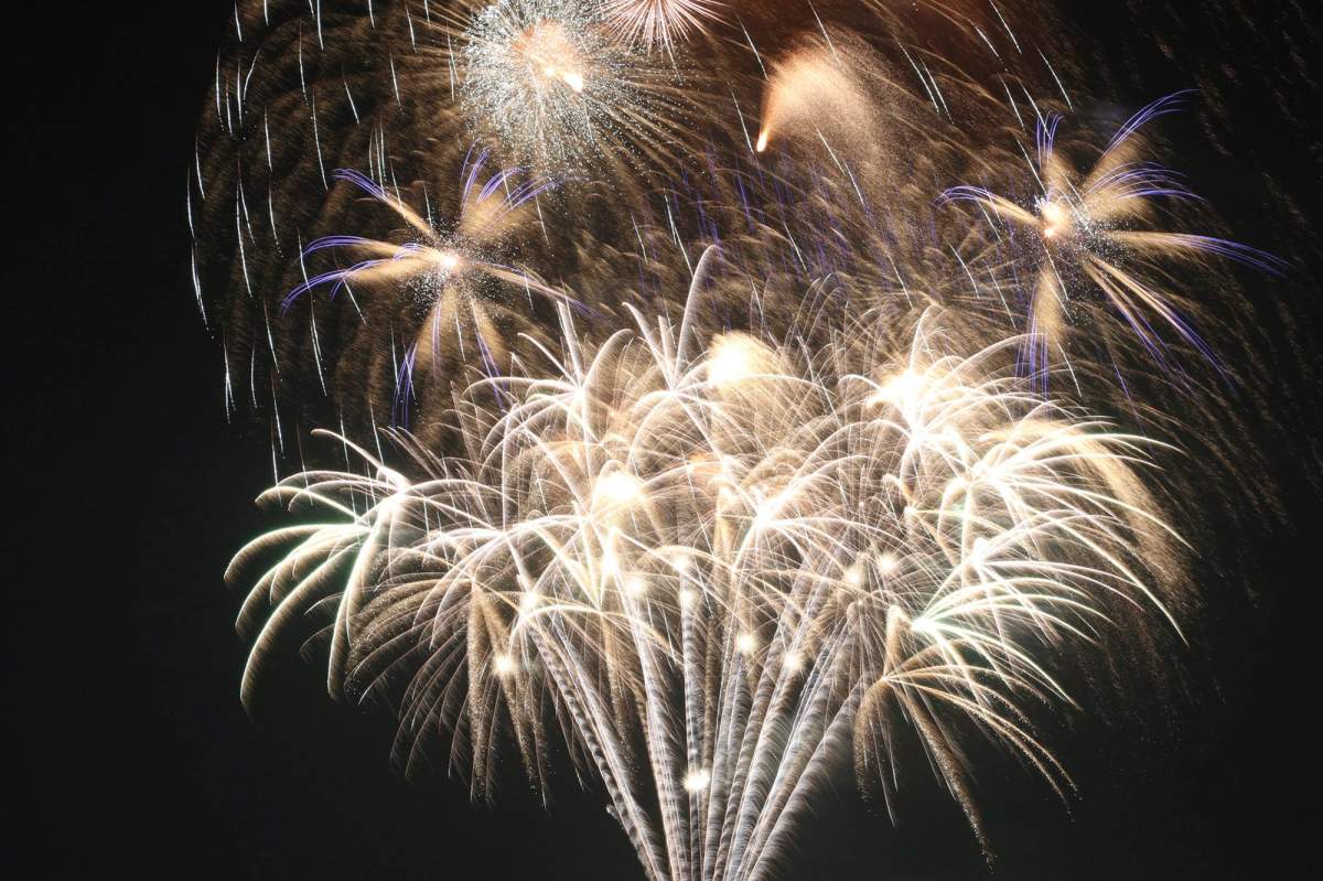 A closeup of a fireworks display.