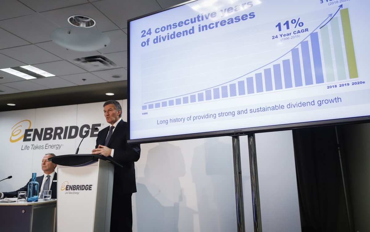 Enbridge president and CEO Al Monaco, right, addresses the company's annual meeting in Calgary, Wednesday, May 8, 2019.