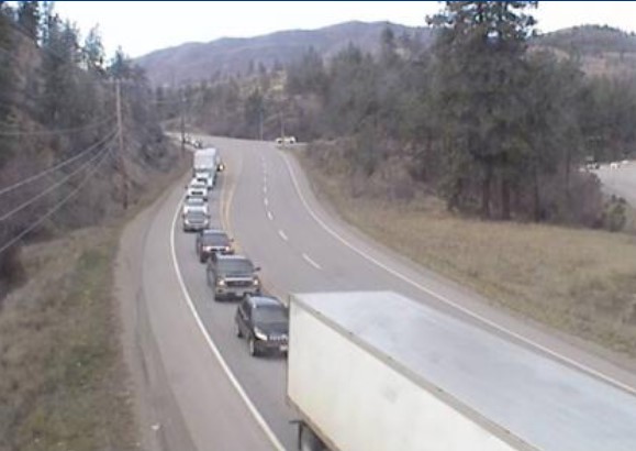 Highway 97 at Highway 3A junction, Dec. 1, 2021, was backed up due to a crash. 