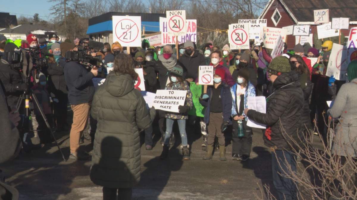 Chelsea residents gather in solidarity with hijab-wearing teacher and to protest against Quebec's secularism law known as Bill 21. Tuesday, Dec. 14, 2021.