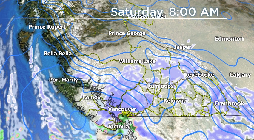 A graphic showing weather patterns for B.C. on Christmas morning.